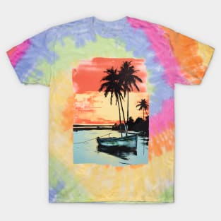 Palm Trees Sunset Tropical Beach Boat Seascape Graphic T-Shirt